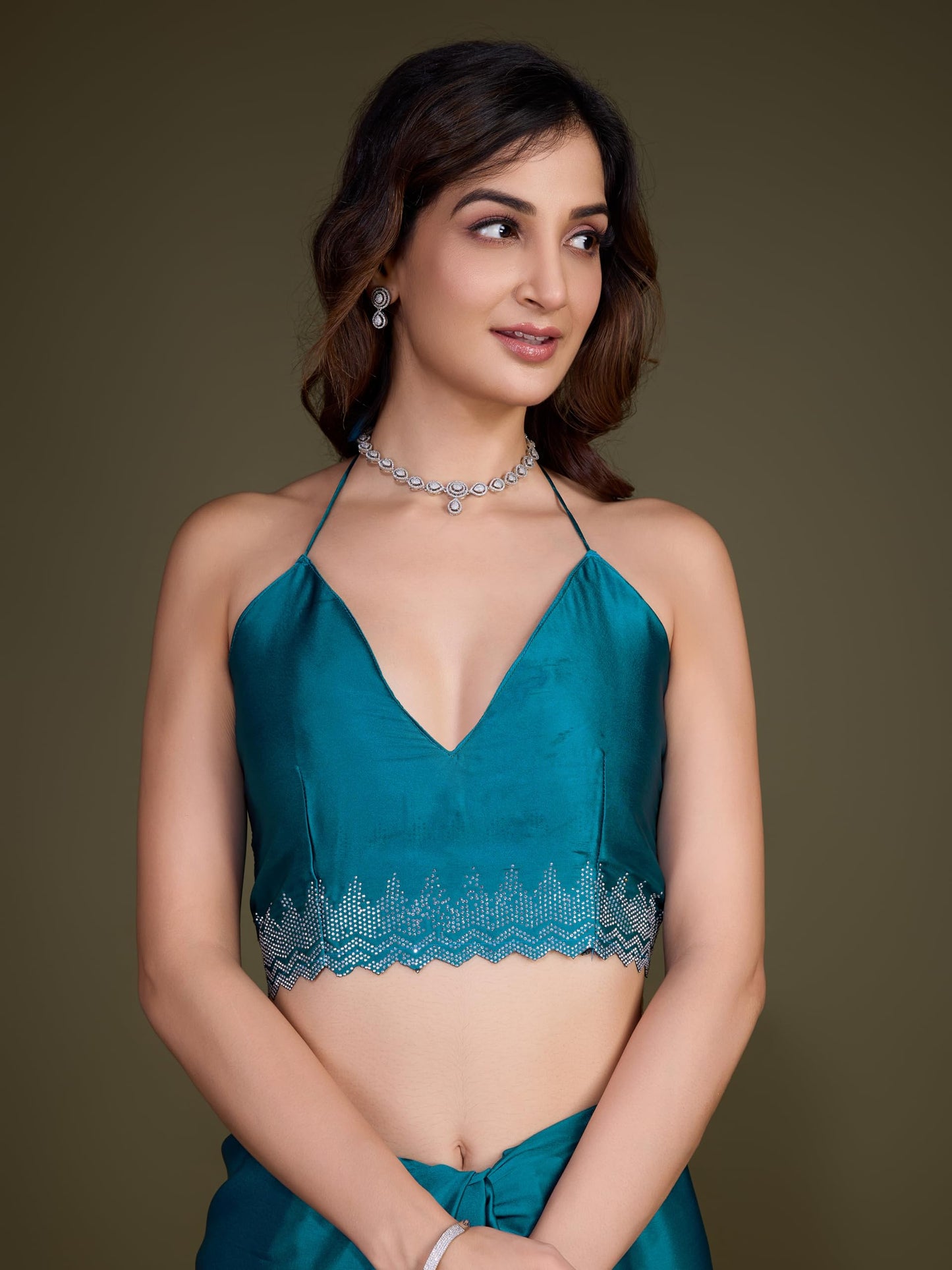 TRENDMALLS Women's Satin Silk Siroski Work Saree with Unstitch Blouse Piece (K1109-Morpeach)