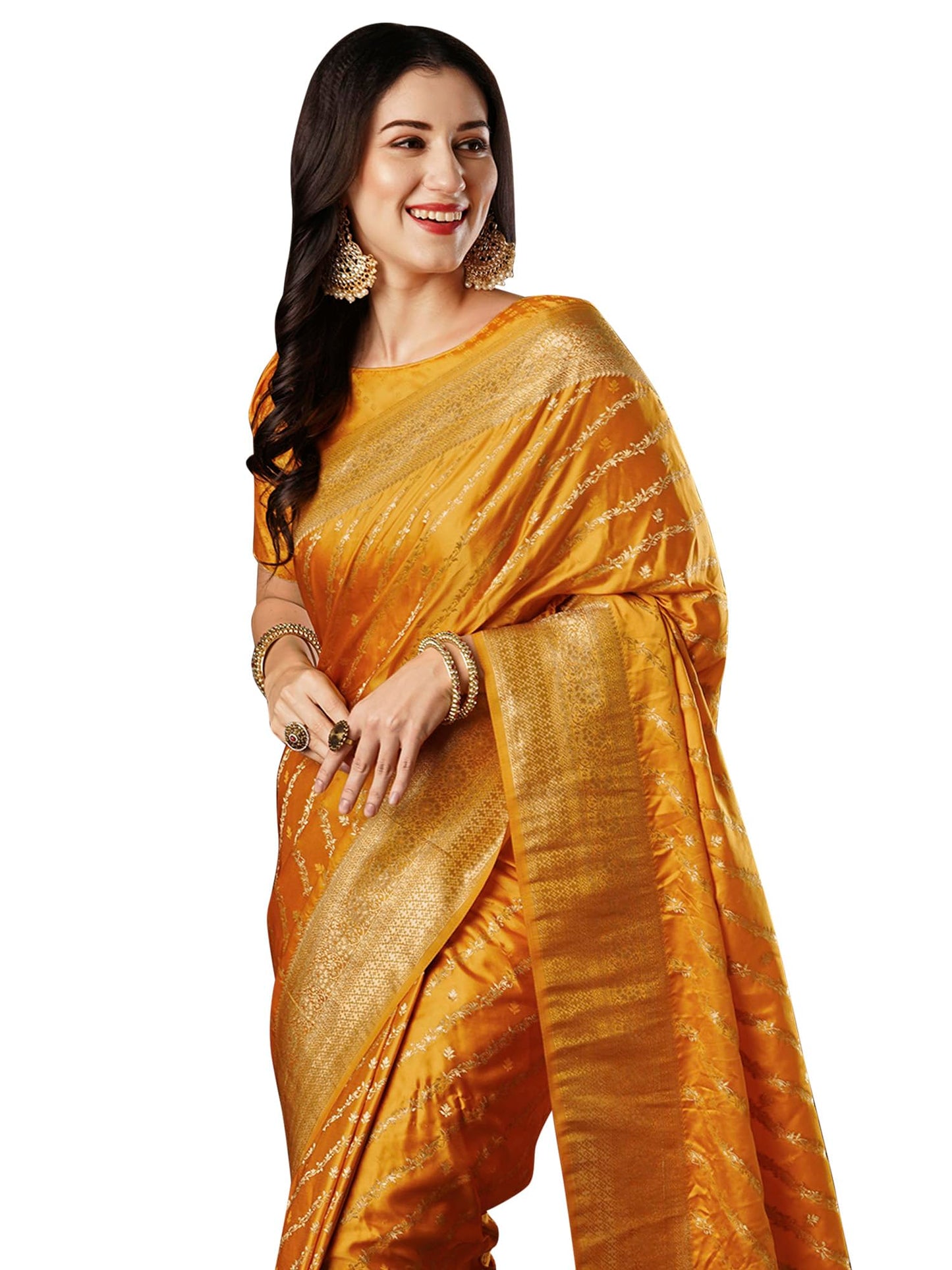 AKHILAM Women's Yellow Satin Silk Ethnic Motif Woven Design Saree With Unstitched Blouse (ARYA4404_FL)