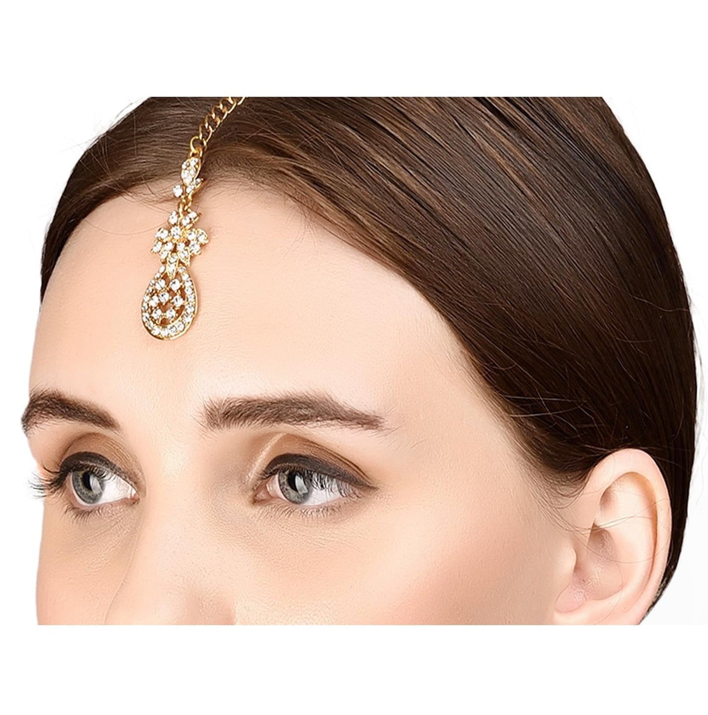 Touchstone Indian Bollywood Exemplary Floral Filigree Rhinestone Designer Jewelry Mangtika Head Accessory In Antique Gold Tone For Women.