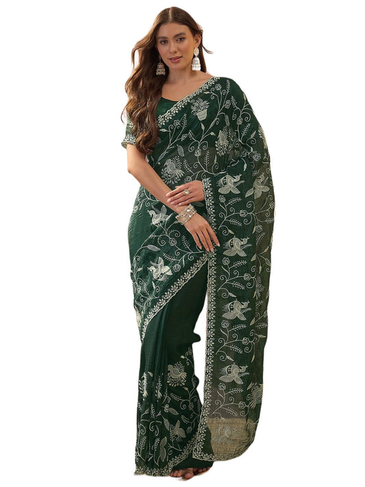 SIRIL Women's Shimmer Chiffon Scalloped Border Embroidery Saree with Unstitched Blouse Piece (5312S202_Dark Green)