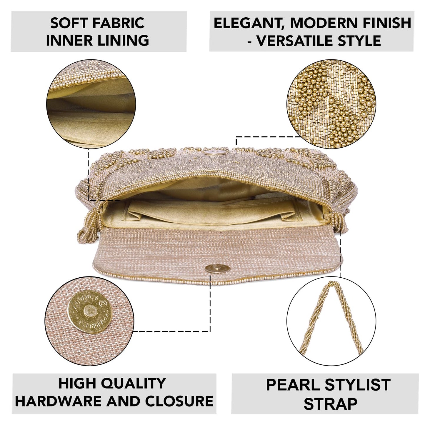 Peora Gold Clutch Purses for Women Handmade Evening Sling Handbag Stylish Bridal Fashion Clutch Bag for Girls (C158G)
