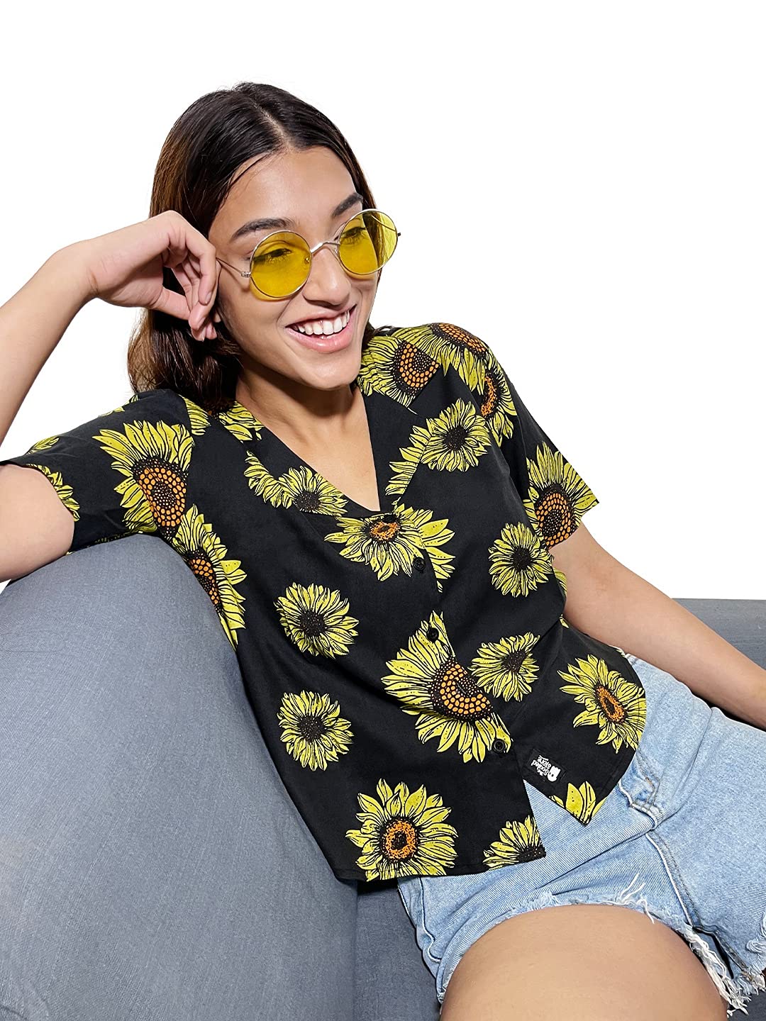 The Souled Store Sunflower Pattern Womens and Girls Graphic Printed Cotton Hawaiian Shirts Multi-Colored