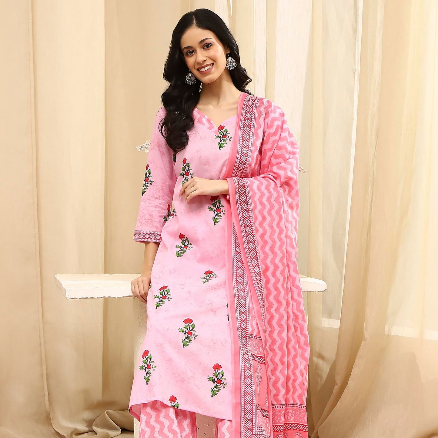 BIBA Women Pink Cotton Screen Print Unstitched Suit Set_FREE SIZE