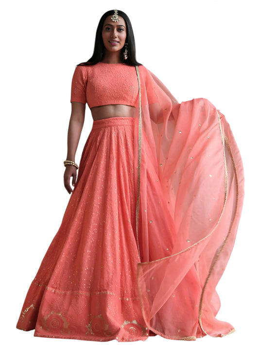 Zeel Clothing Women's Sequins Thread Embroidered Georgette Lehenga Choli With Dupatta (7083-Peach-Women-Lehenga-Choli-Latest; Free size) (Peach)