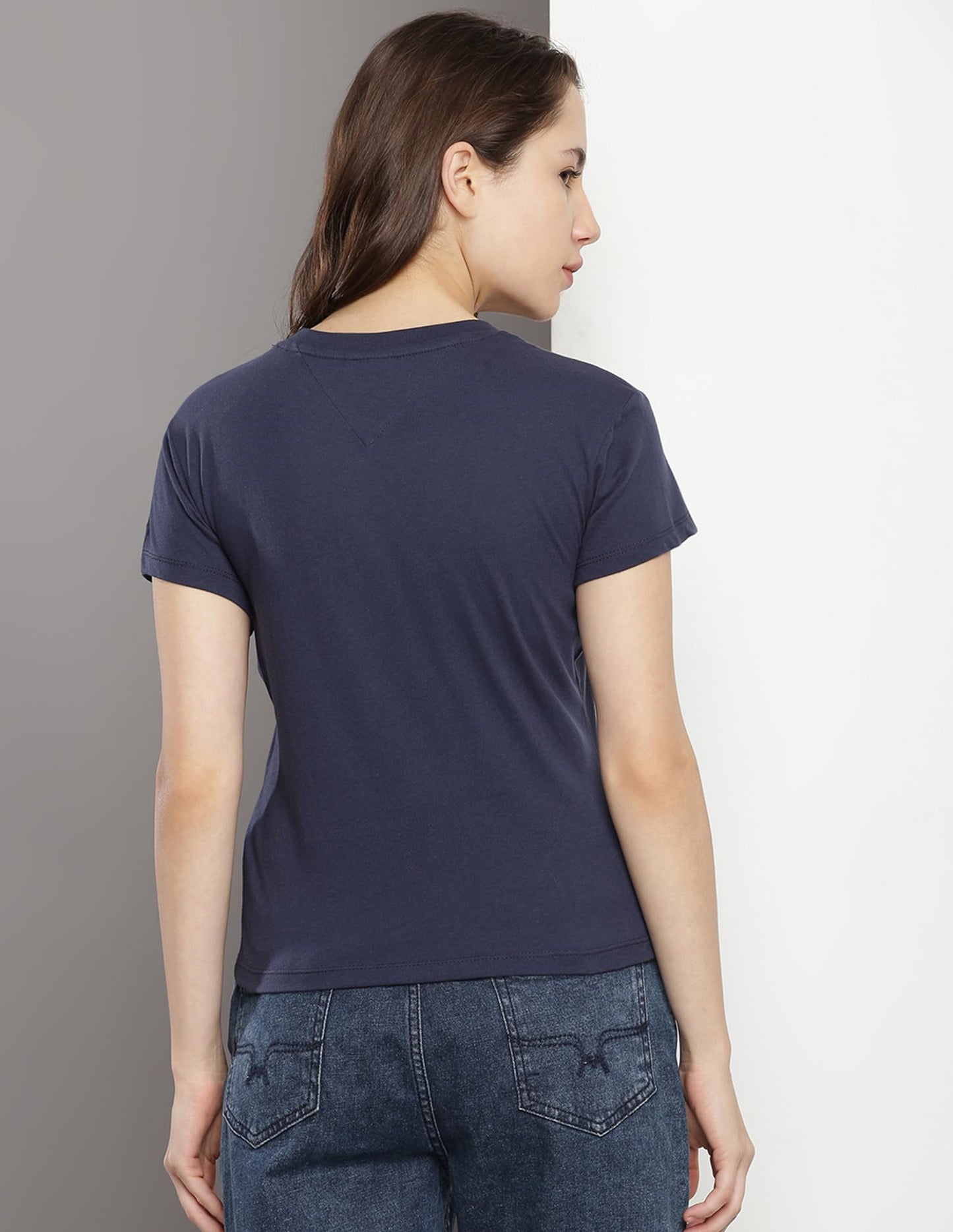 Tommy Hilfiger Blue Cotton Printed Round Neck Short Sleeves Slim Fit Women T-Shirt (F23JWKT056) Size-XXS