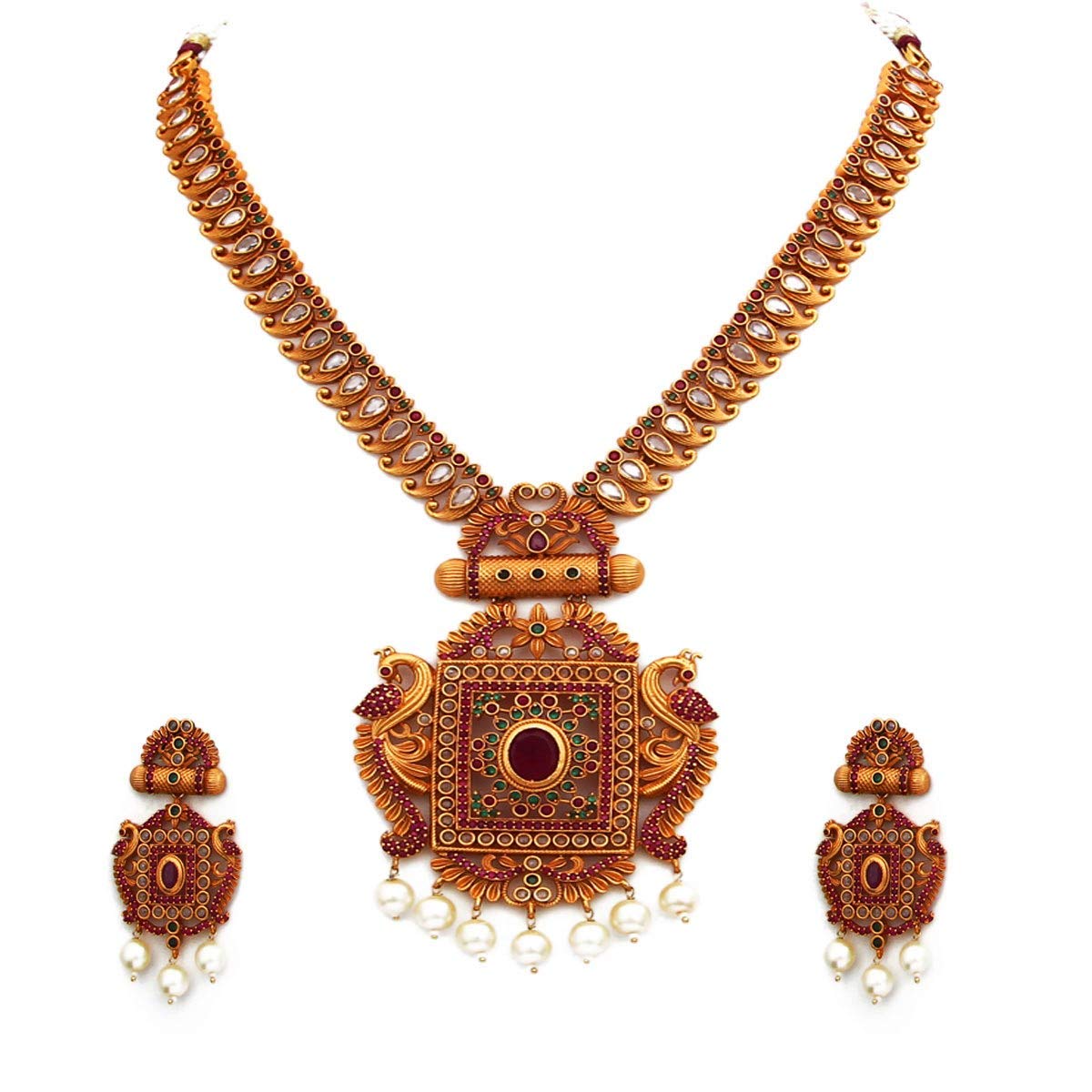 Caratyogi Ethnic Necklace Earrings Set 18K Gold Plated Ruby, Crystal Studded Royal Looking Ethnic Bridal Wedding Jewellery for Girlfriend Wife Raksha Bandhan Gift For Sister