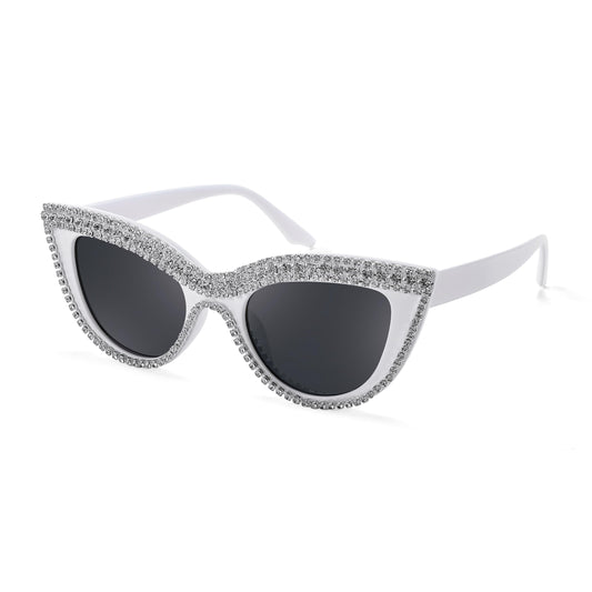 FEISEDY Women Oversized Diamond Sunglasses Fashion Cat Eye Rhinestone Sunglasses Jeweled Frame Costume Party B2360, White Stripe Diamond, 51mm