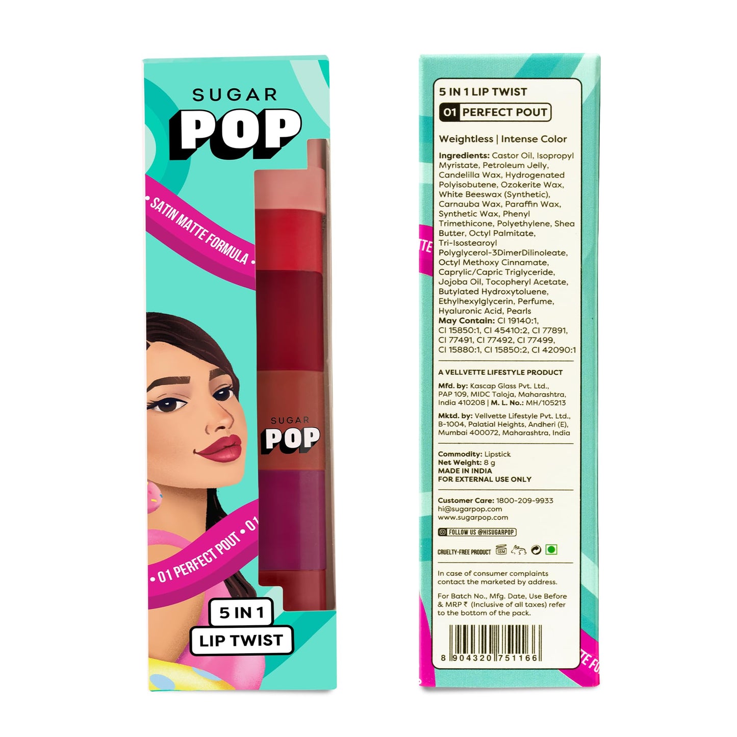 SUGAR POP 5 in 1 Lip Twist - 01 Perfect Pout | Multi-use Stackable Lipsticks for Women | Satin Matte Hydrating Formula | 8g