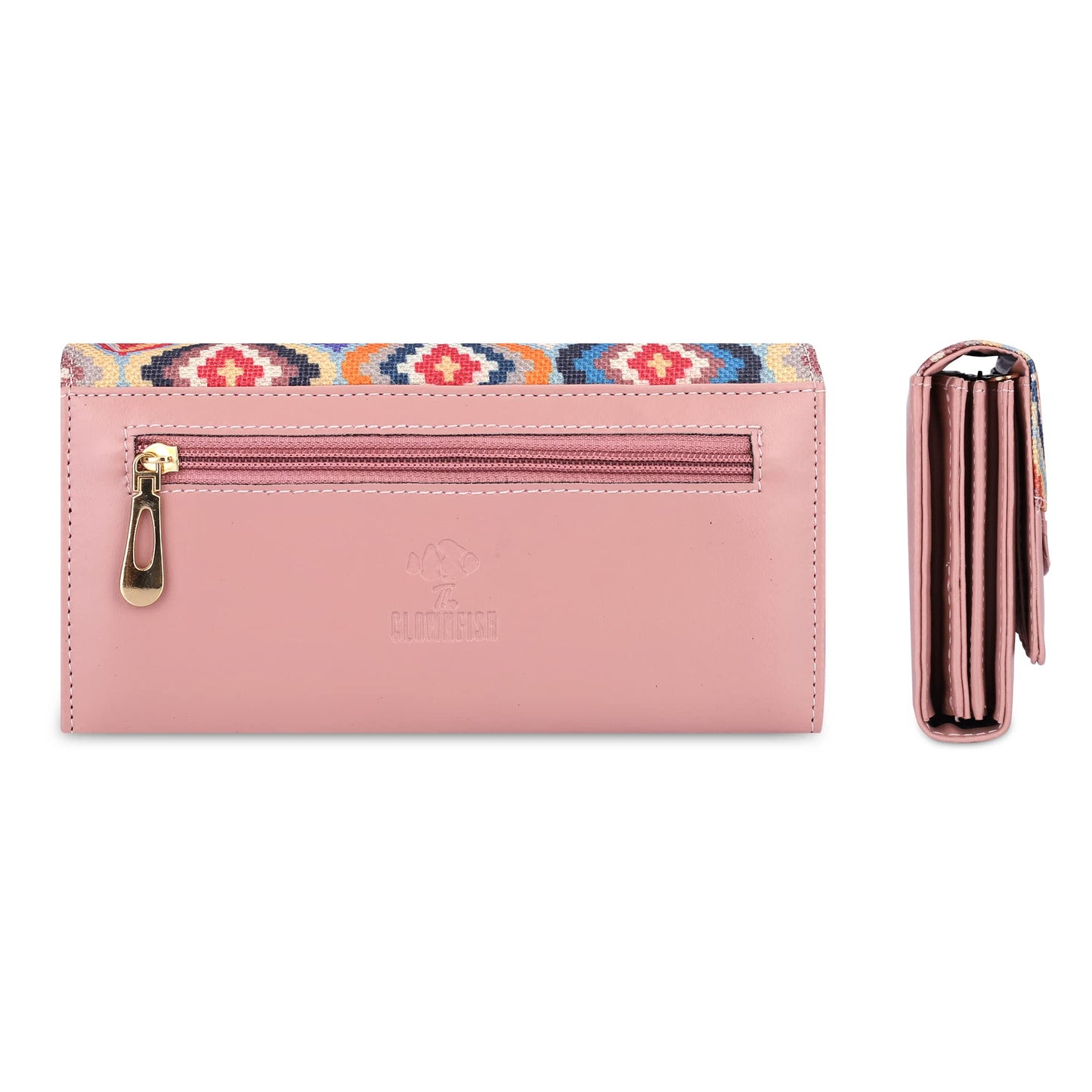 THE CLOWNFISH Ladyluxe Collection Printed Handicraft Fabric & Faux Leather Womens Wallet Clutch Ladies Purse with Multiple Card Slots (Multicolour-Diamond Design)