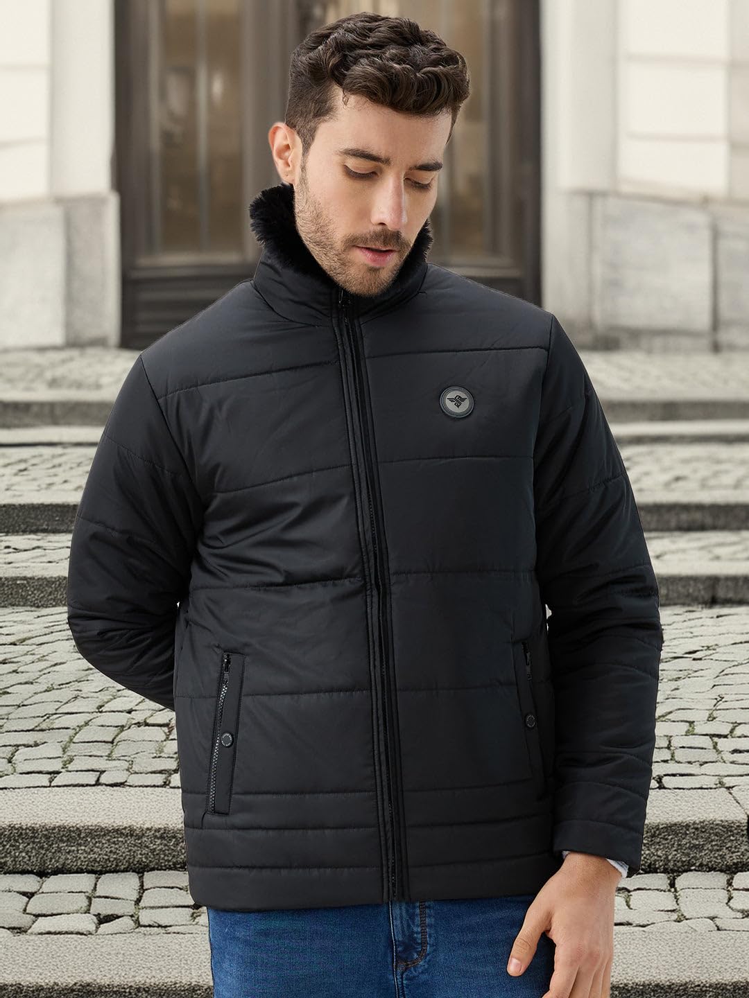 Status Quo Men's Solid Quilted Jacket Faux Fur High Neck Full Sleeves