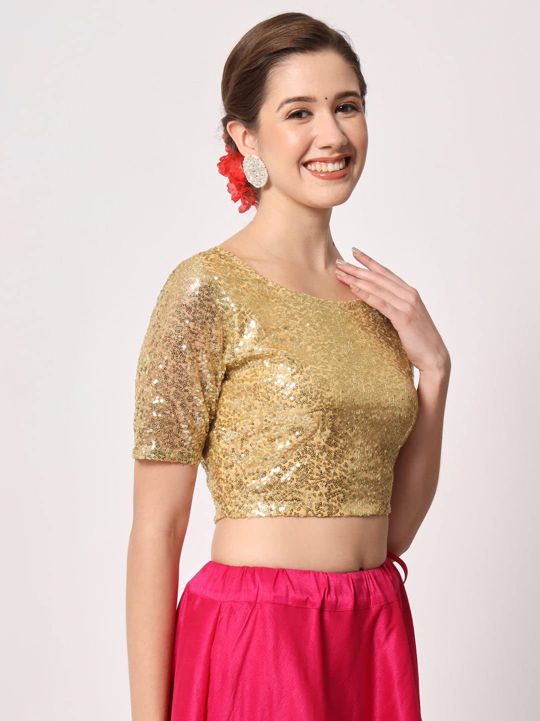 studio rasa Women's Net Sequin Embroidered Sheer Sleeves Readymade Saree Blouse for Wedding Festive Party (TPWC12302M_BL_Gold_Medium)