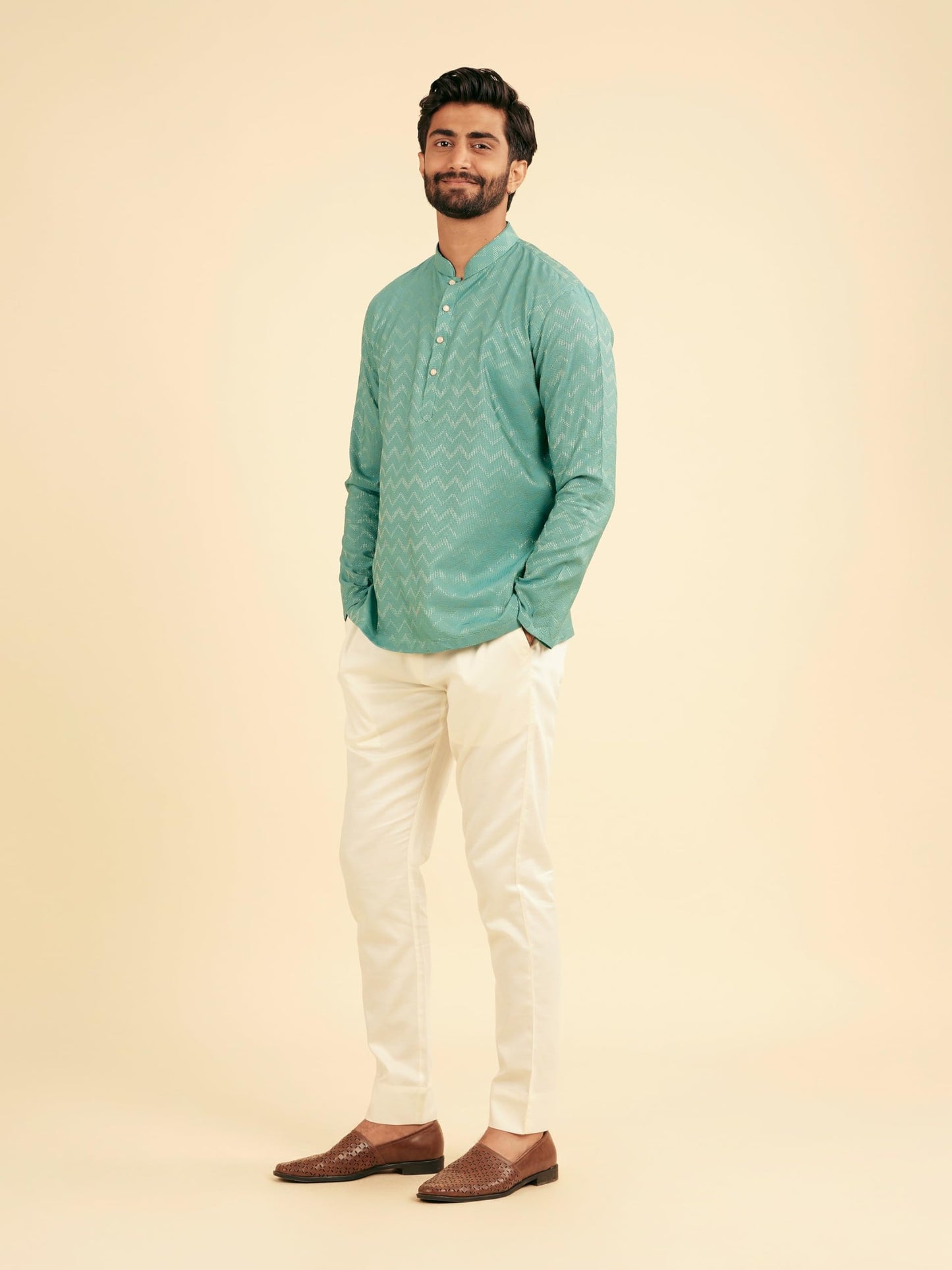 Manyavar Men's Viscose Blend Textured Short Kurta (Aqua Green,XL)