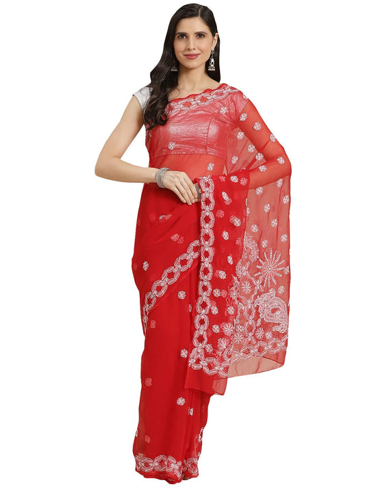 Ada Women Hand Embroidered Lucknowi Chikankari Georgette Saree With Unstitched Blouse Piece A130145, Red