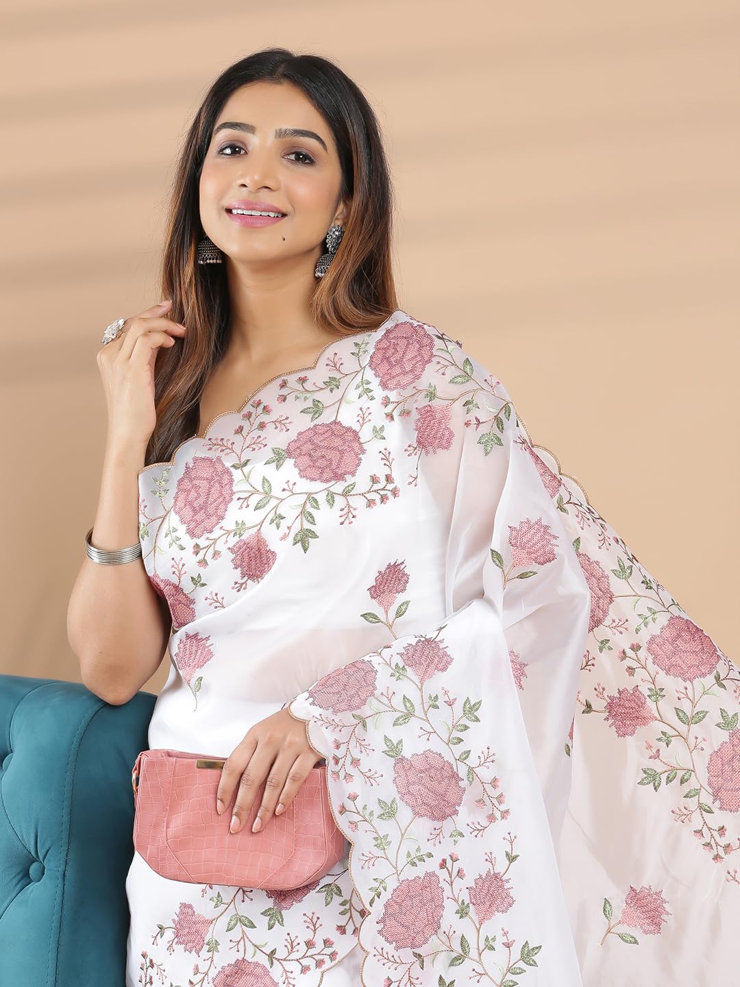 Kalyan Silks Off White Color Organza Saree With Floral Embroidery On Body