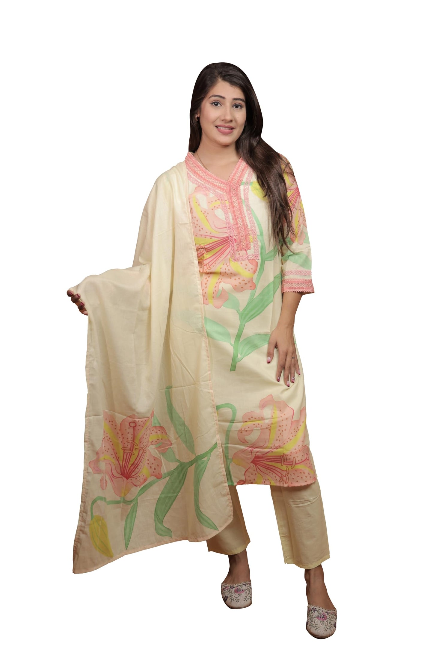 Vishtish Women's Cotton Salwar Suit with Dupatta, Printed Straight Kurta Pant and Dupatta Set (Cream, XXL)