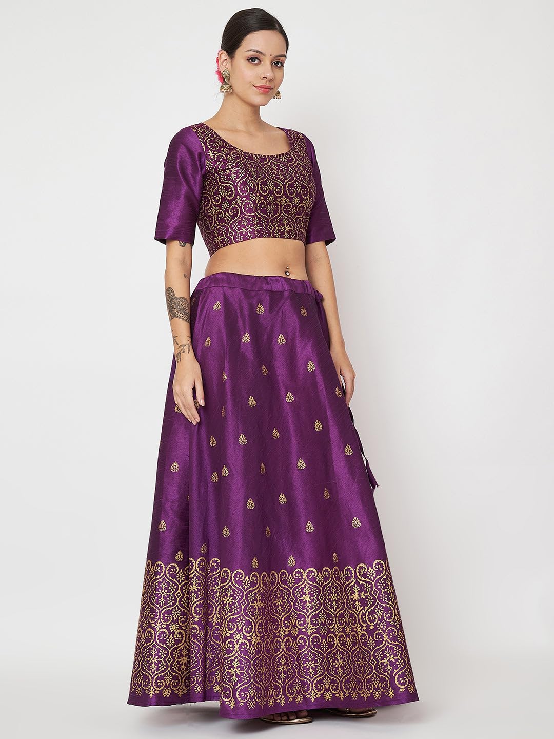 studio rasa Women's Dupion Hand Block Printed Bias Lehenga Set for Wedding Festive Party (LHSC52403XL_Purple_X-Large)