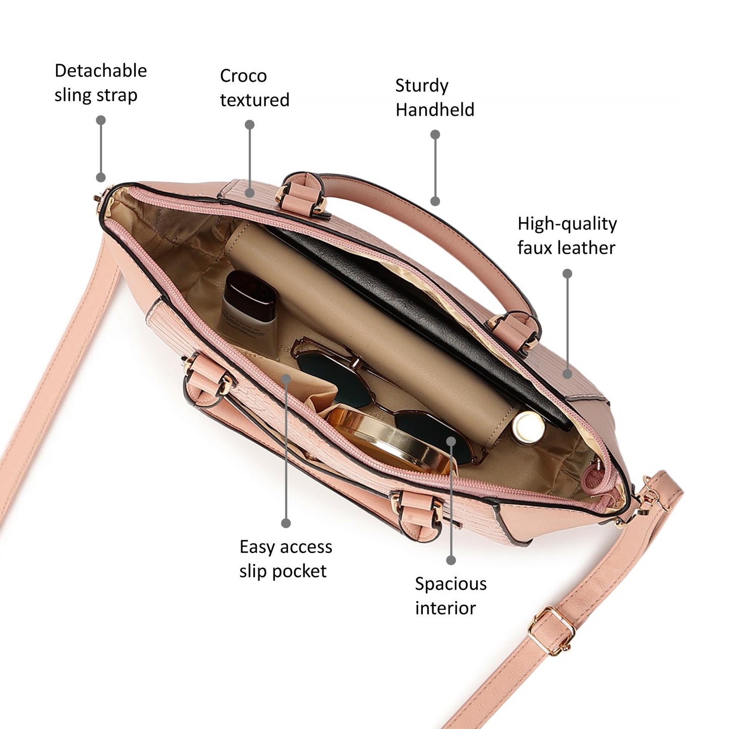 Fastrack Croco Textured Structured Satchel with Detachable Sling Strap for Women, Girls and Ladies | Fits Upto 11" iPad or Tablet | Made of Premium Faux Leather | Ladies Purse Handbag