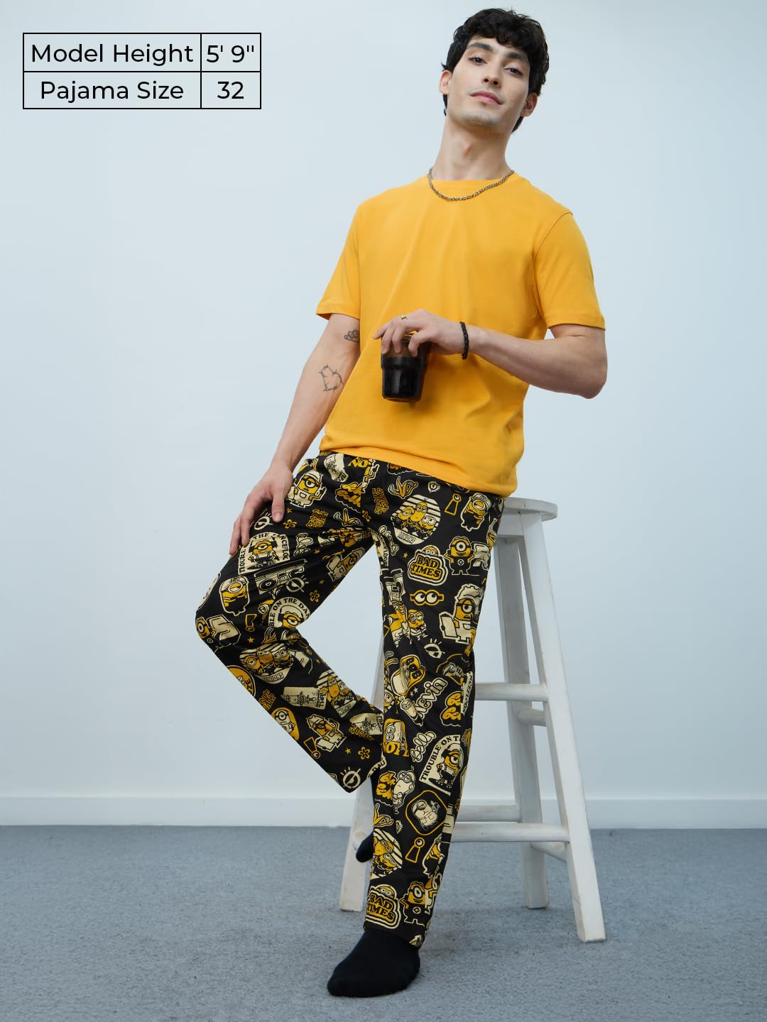 The Souled Store Minions: Moods Men and Boys Black All Over Printed Pull On Regular Fit Cotton Pajamas