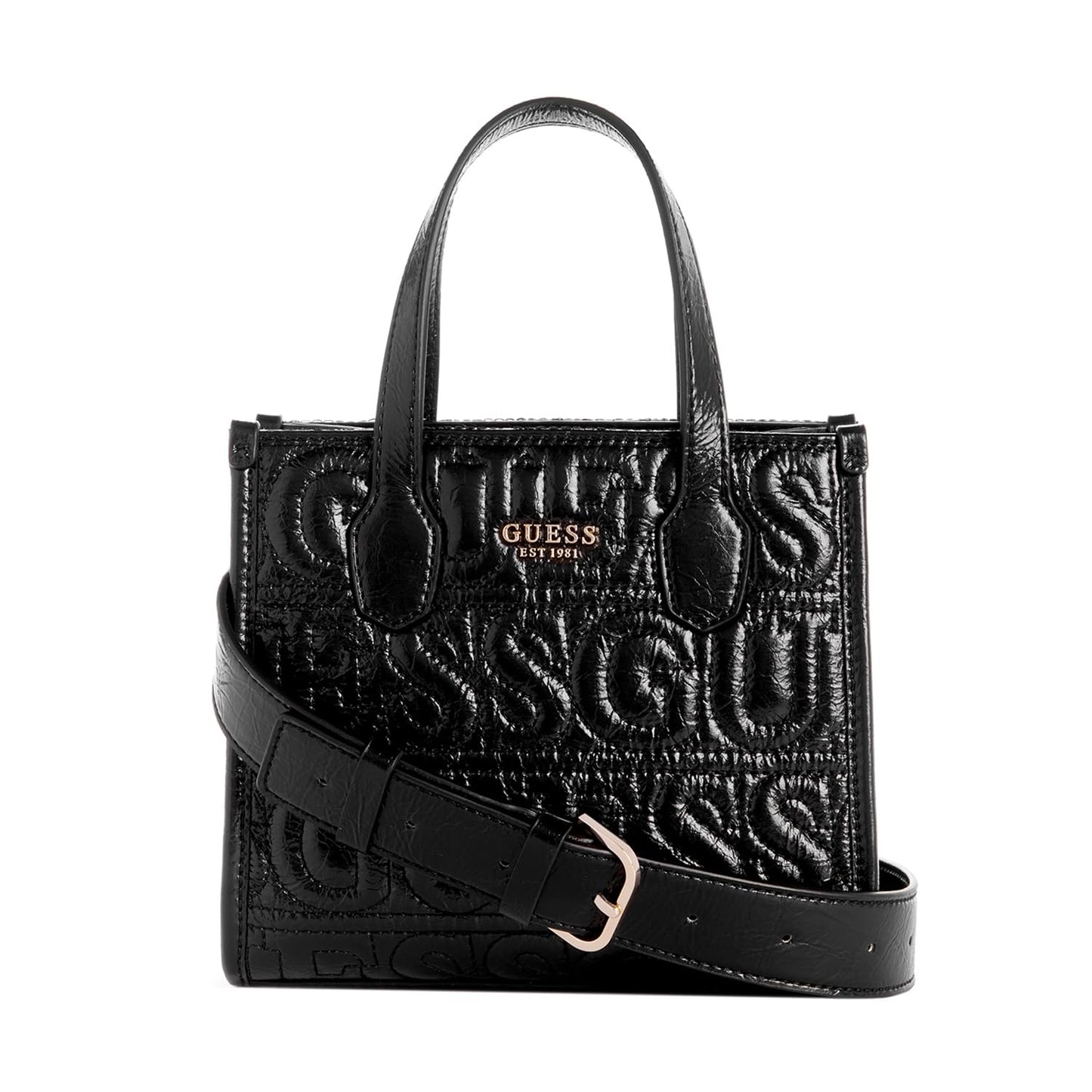 GUESS Polyurethane Black Embossed Women Silvana Mini Tote Bag