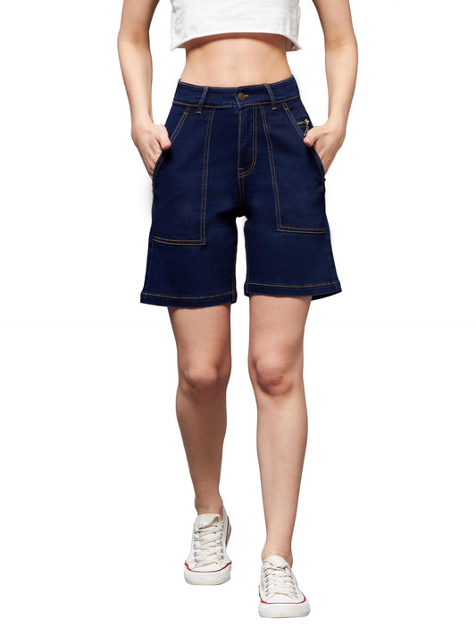Miss Chase Women's Regular Length High Rise Clean Look Above Knee Stretchable Denim Shorts (MCSS22DEN09-06-71-26, Navy Blue, 26)