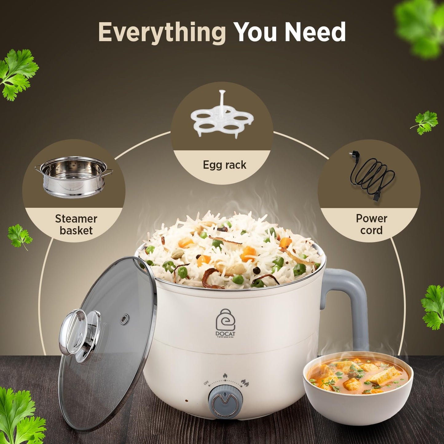 DOCAT Multi Cook Electric Kettle with Steamer 1.2 Liters Stainless Steel Non-stick Inner Pot, Adjustable Power Mode, Wide Mouth, Ideal for Boiling Milk, Tea, Coffee, Eggs & Steaming Veggies, 600 Watts