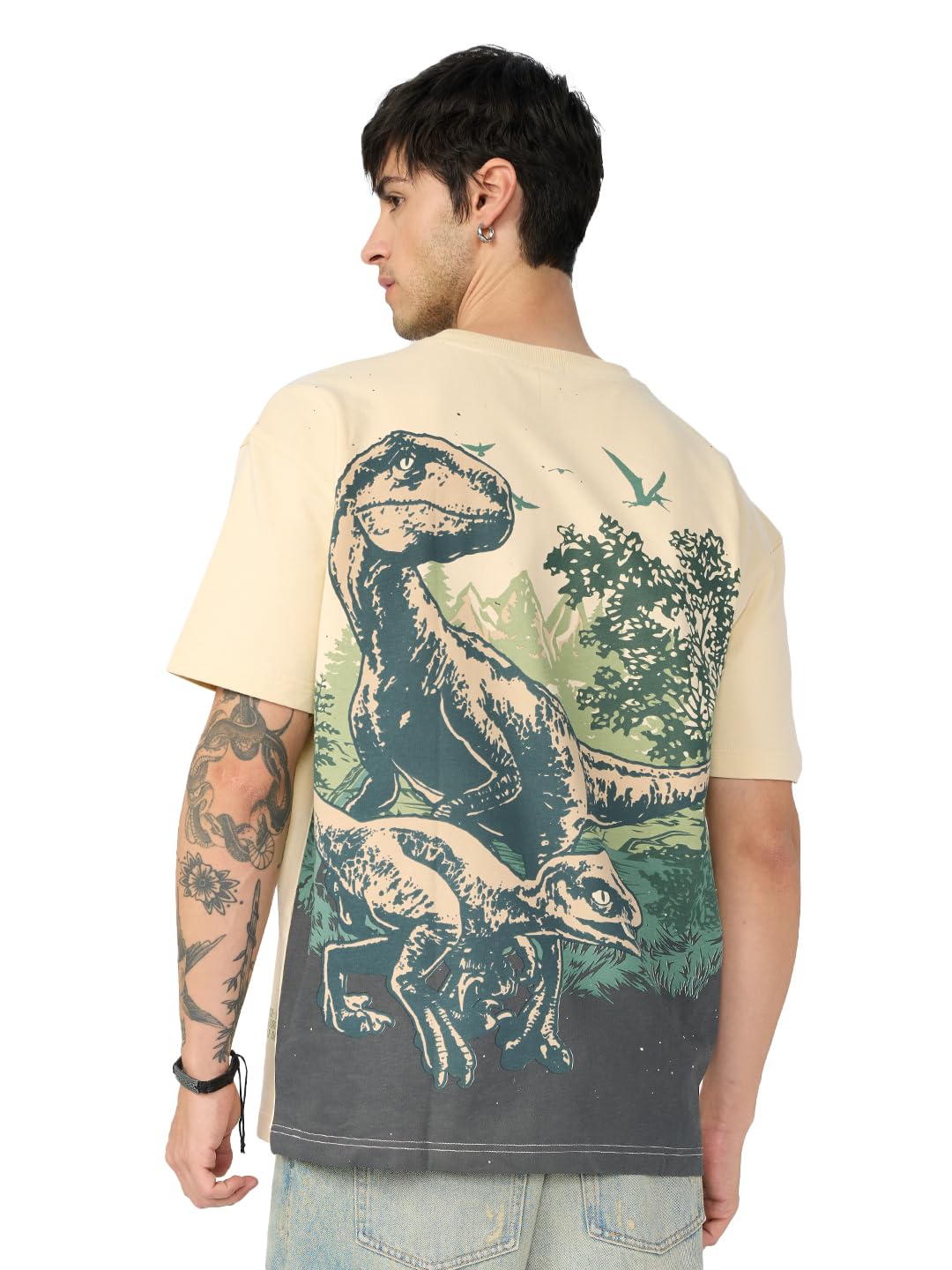 The Souled Store Jurassic World: Dino Park Men and Boys Short Sleeves Round Neck Off White Graphic Printed Cotton Oversized T-Shirts