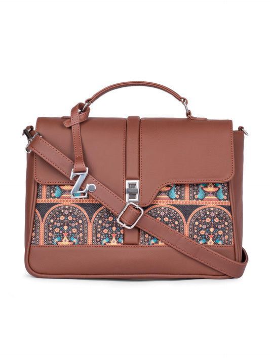 ZOUK | Royal Indian Peacock Motif Women's Vegan Leather Nessa Satchel | Kriti Sanon Collection | Stylish Handbag with Adjustable Strap, Top Handle | Motif