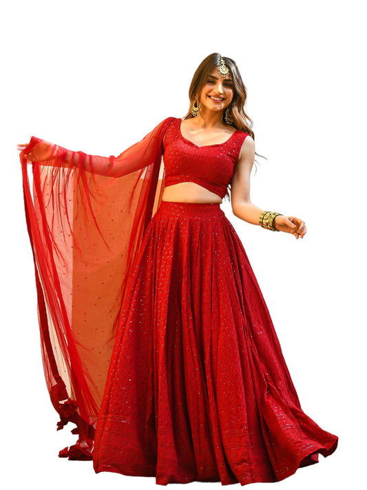 Zeel Clothing Women's Georgette Semi-Stitched Lehenga Choli Red Wedding Bridal Free Size