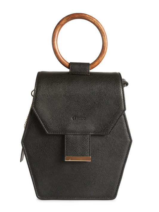RASHKI ESA BLACK - Womens Vegan Leather Hand Bag | Real Wood Handle | Spacious Compartment | Flip Closure