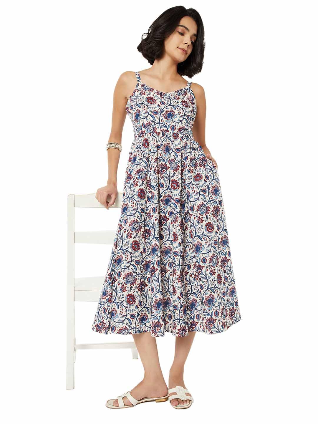 Max Women Floral Print A-line Midi Dress (White_L)