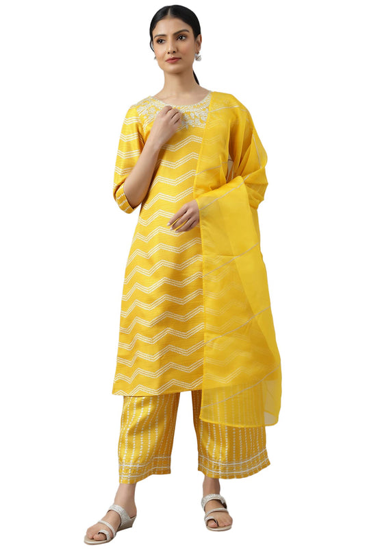 W Women's Silk Kurta and Trouser Set (22AUWS18282-119632_Marigold Yellow_M)