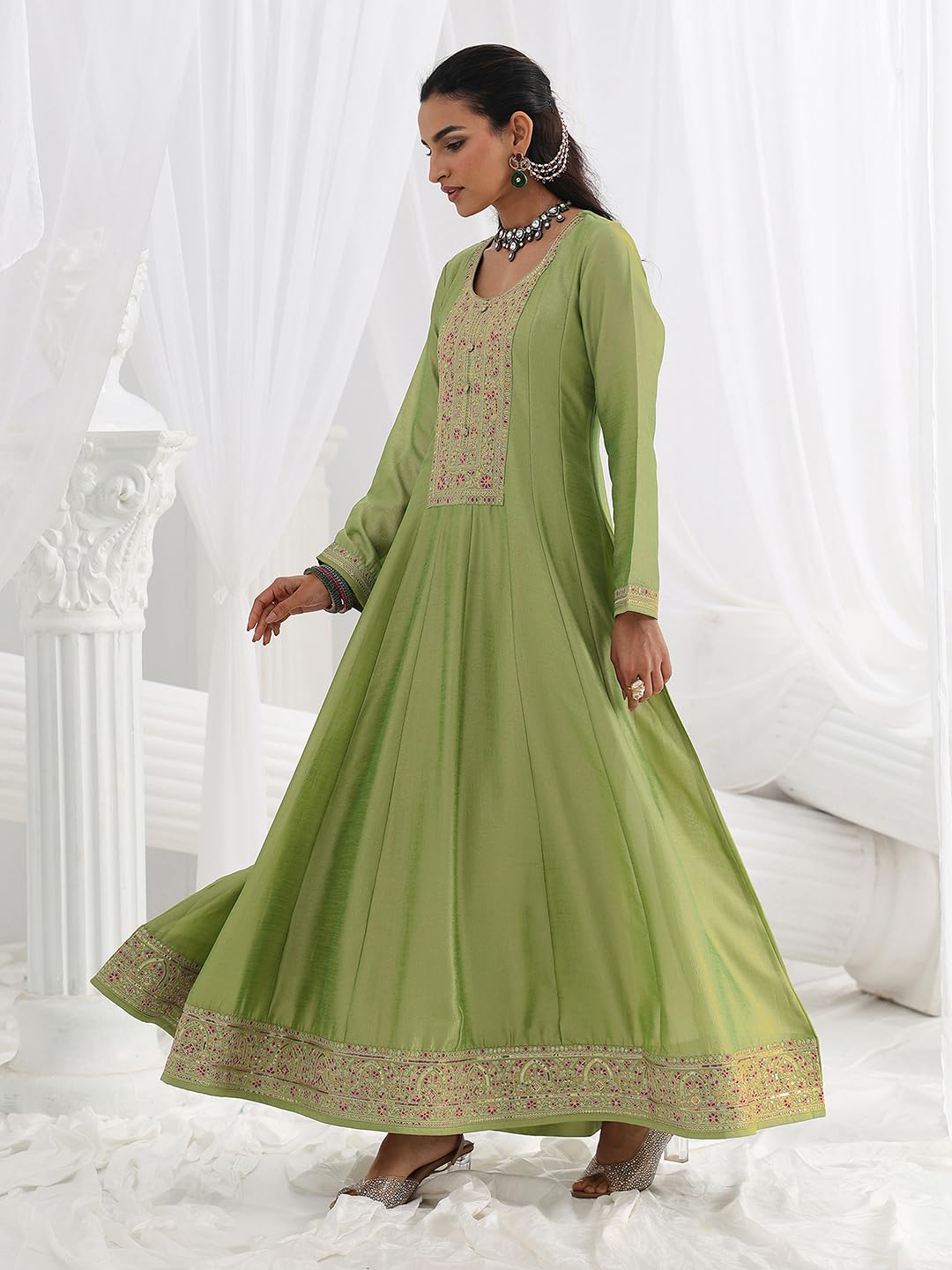 Libas Embroidered Silk Blend A-Line Ethnic Dress with Dupatta-93632L
