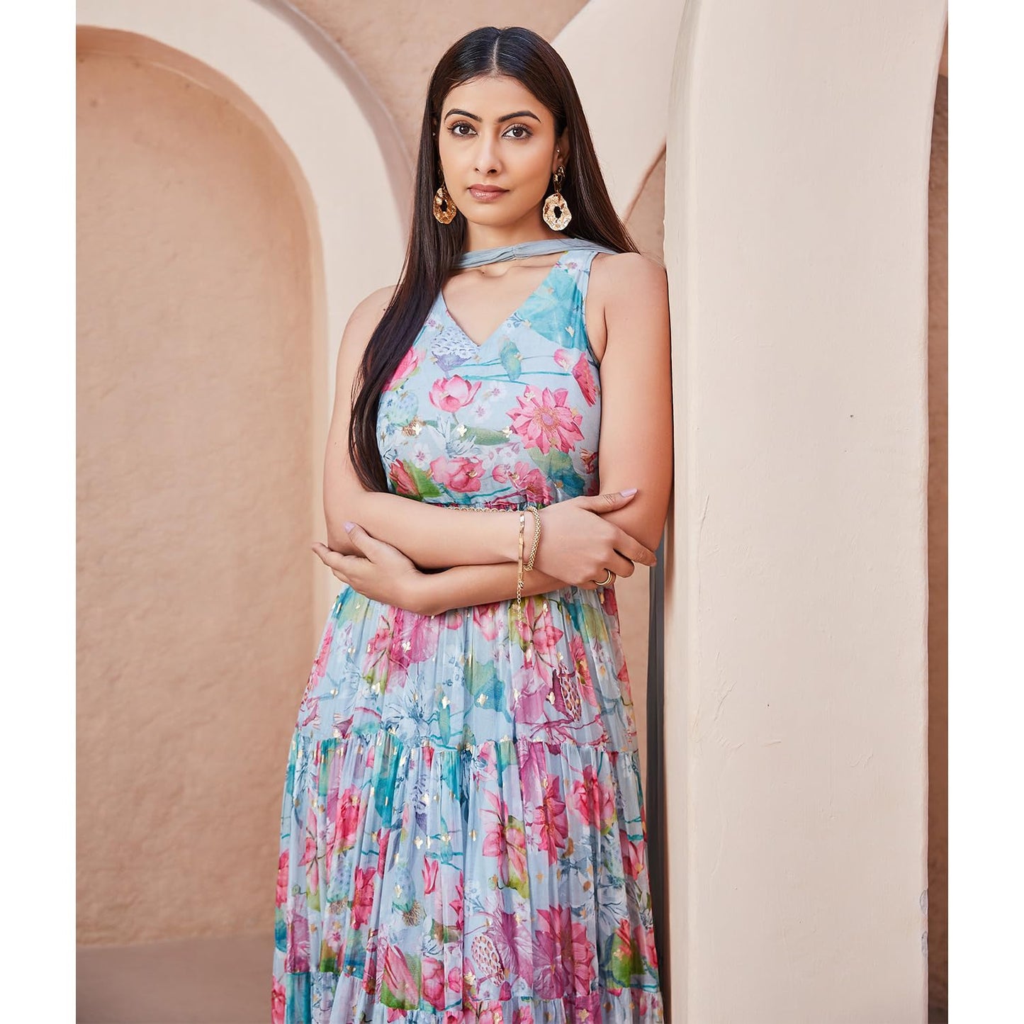 BIBA Women Cotton Anarkali Printed Dress(SKD9665_2XL_Grey)