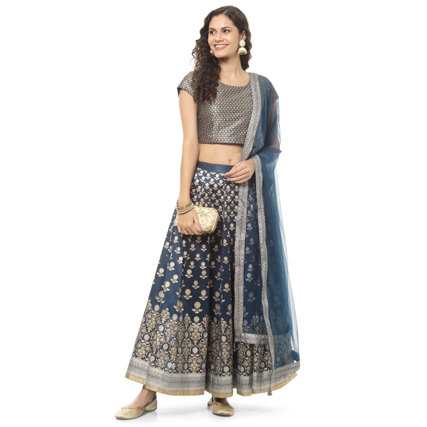 BIBA Women's Ethnic Teal Cotton Ethnic Wear Lehenga Set (Size_XL)