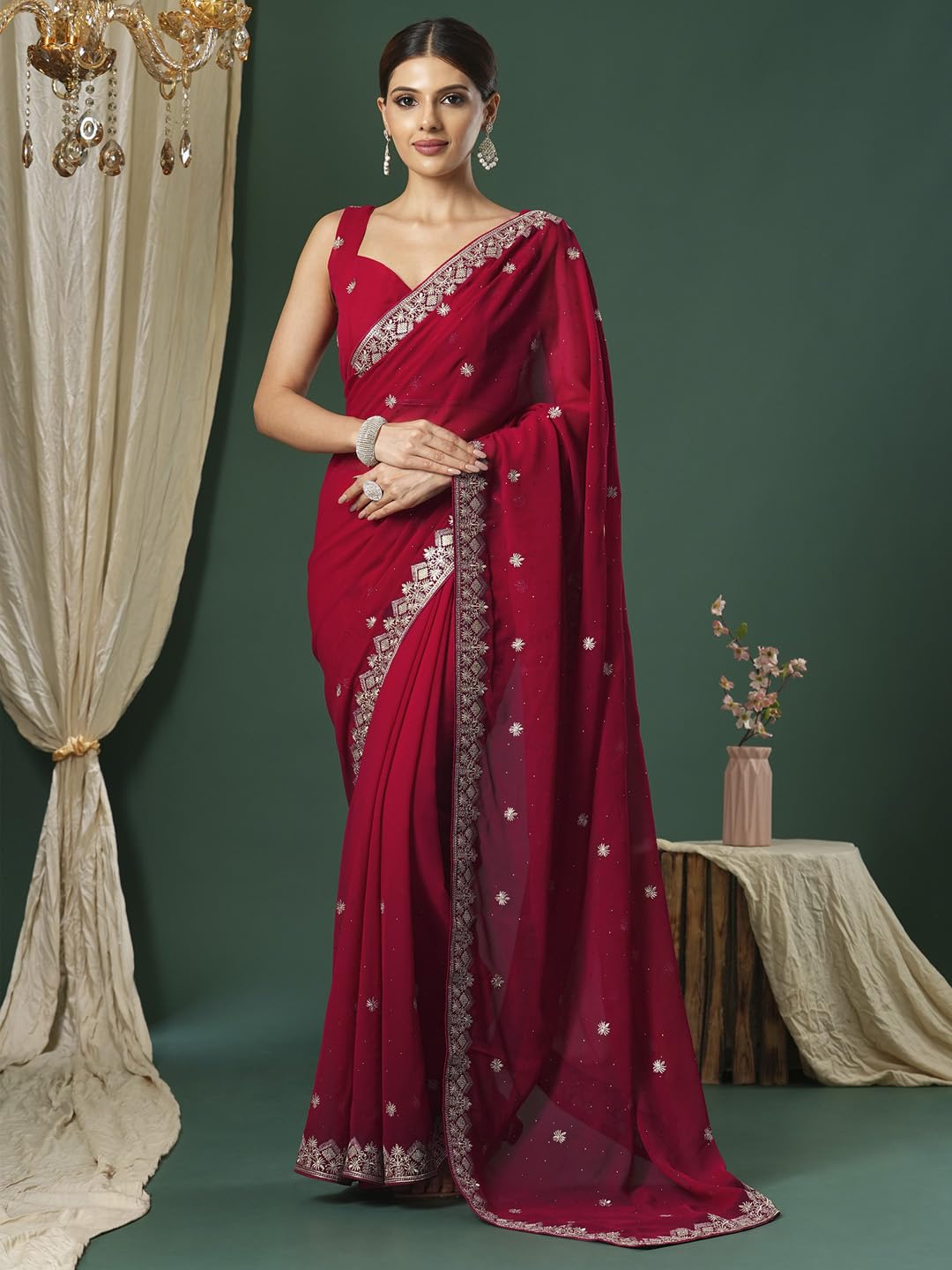 SAREE MALL Women's Pink Georgette Embroidered Saree With Unstitched Blouse (JAYSHREE5001_JS)