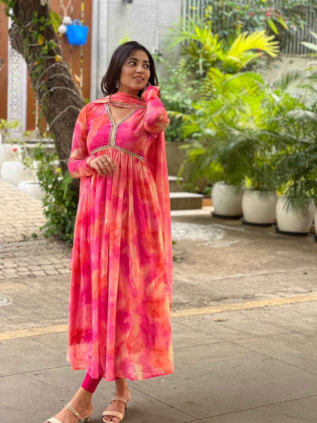 KD Women's Anarkali Floral Printed Georgette Kurta Pant Set with Dupatta (Pink, L)