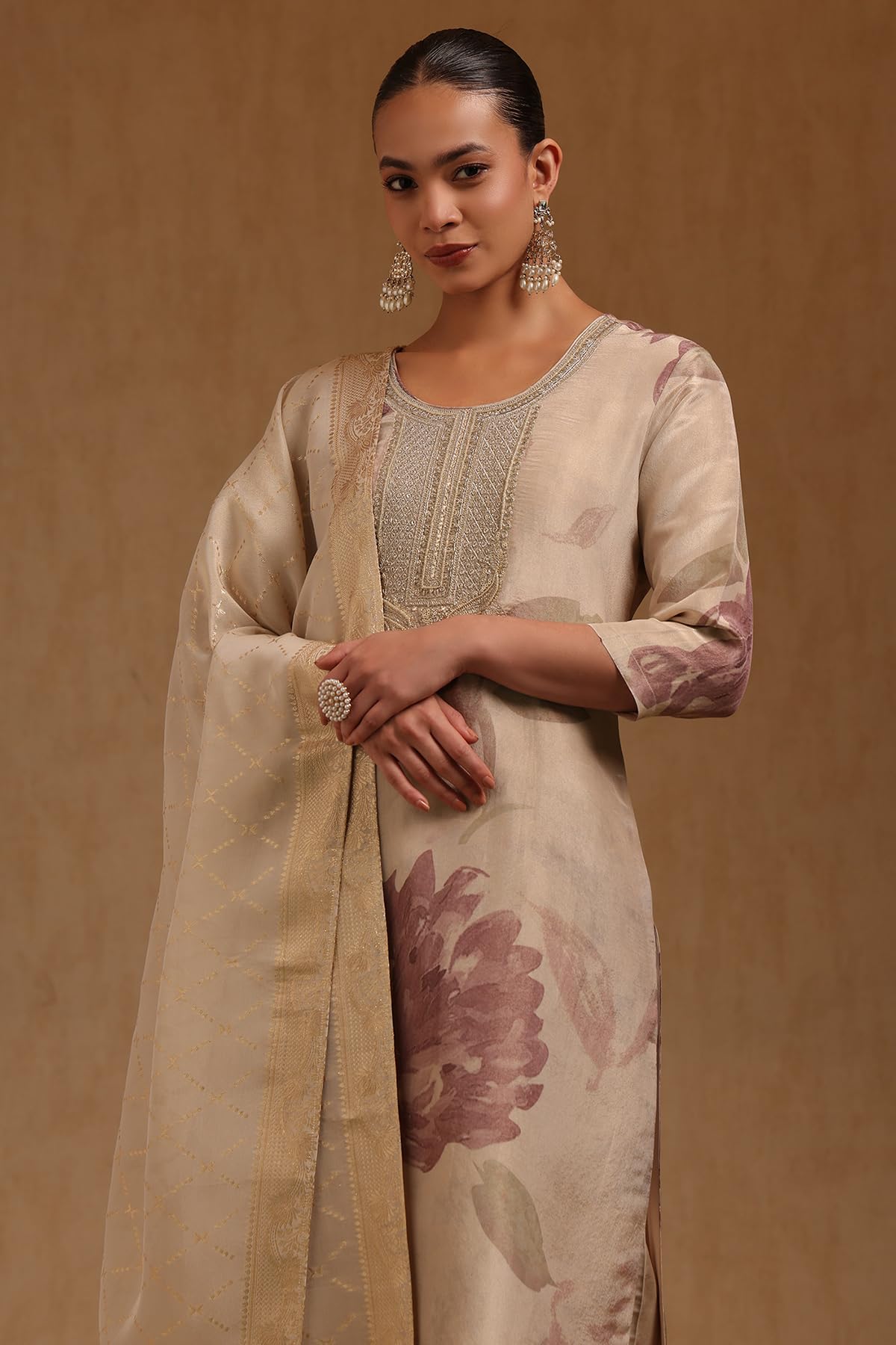 Soch Womens Beige Tissue Floral Zari Embroidered Salwar Suit With Sequins