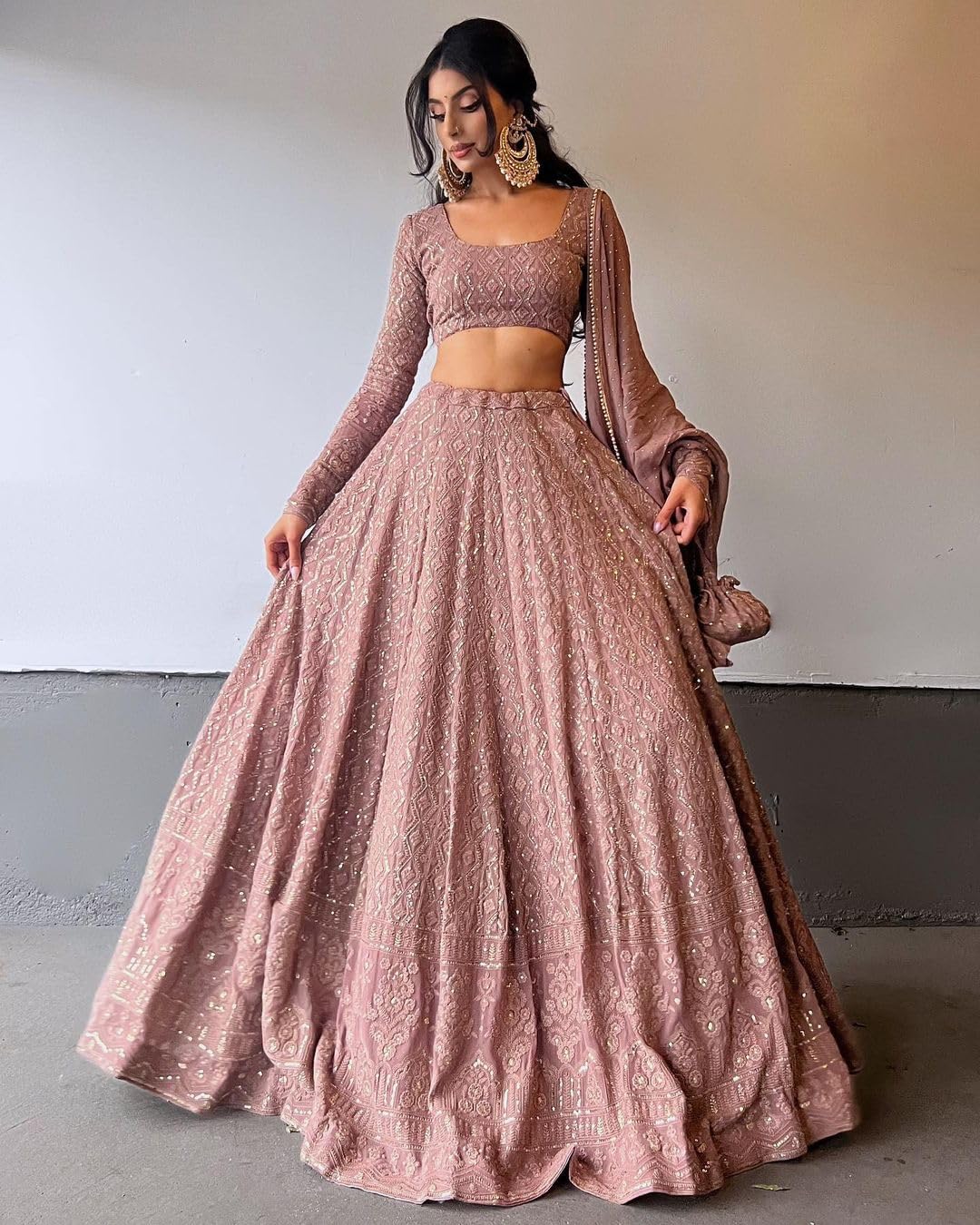 JIHU CULTURE Pink Georgette Sequence Lucknowi Embroidery Work Semi sttiched Lehenga choli set for women (pink)