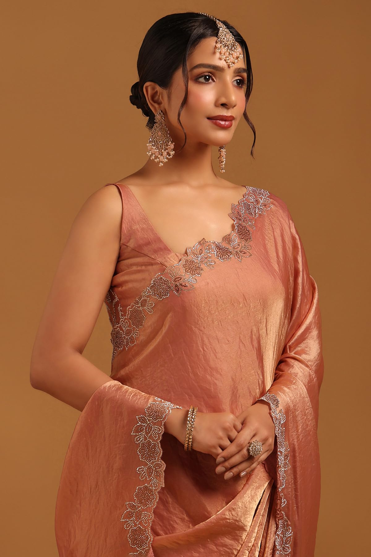 Soch Womens Peach Fendy Organza Saree With Swarovski Stone
