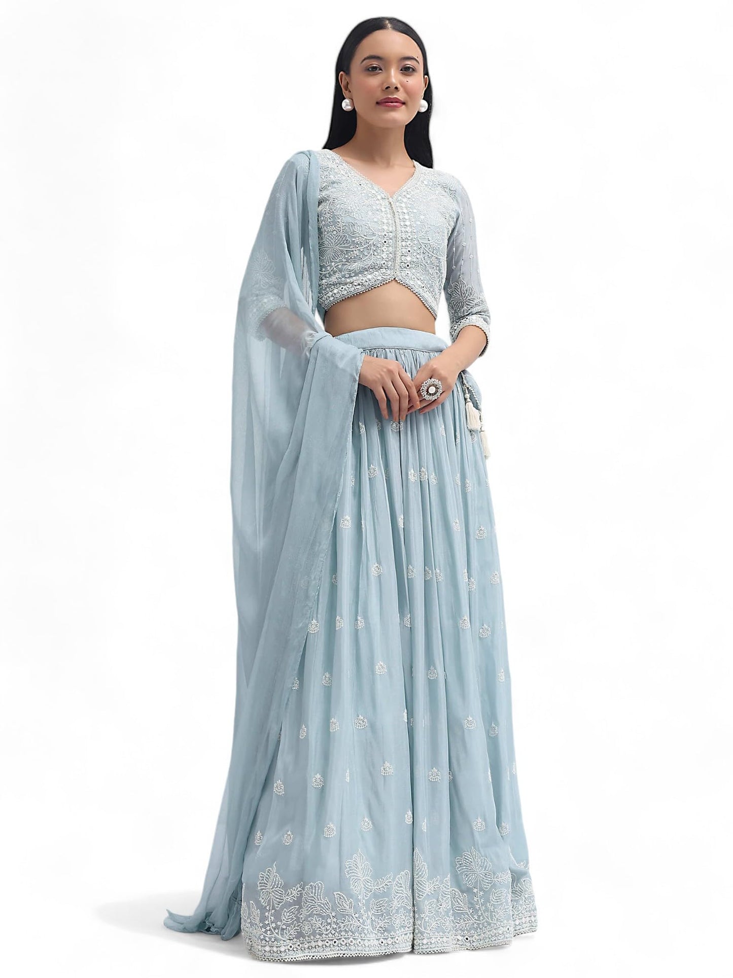 Zeel Clothing Women's Sequins Thread Embroidered Georgette Designer Semi Stitched Lehenga Choli With Dupatta (5127-Skyblue-Womens-Lehenga-Choli-Latest; Free Size) (Pink), Light Blue
