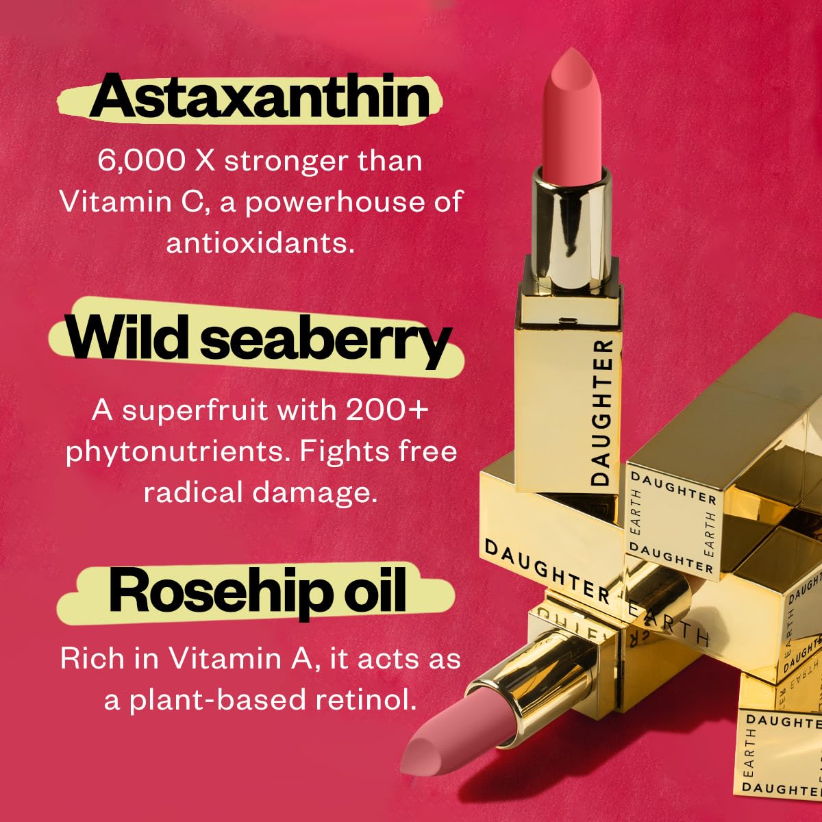 DAUGHTER EARTH Siachen Rose Natural Lipstick | Vegan Plant Based Highly Pigmented Lightweight Lip Color | Long Lasting Creamy Velvet Phytonutrient Lip Stick With Vitamin E & Bakuchiol | Natural With UV Protection | 4g
