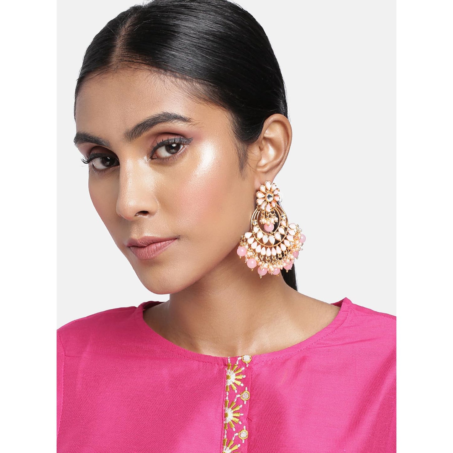 Peora Gold Plated Studded Chandbali Dangle Fashion Earrings for Women (Pink)
