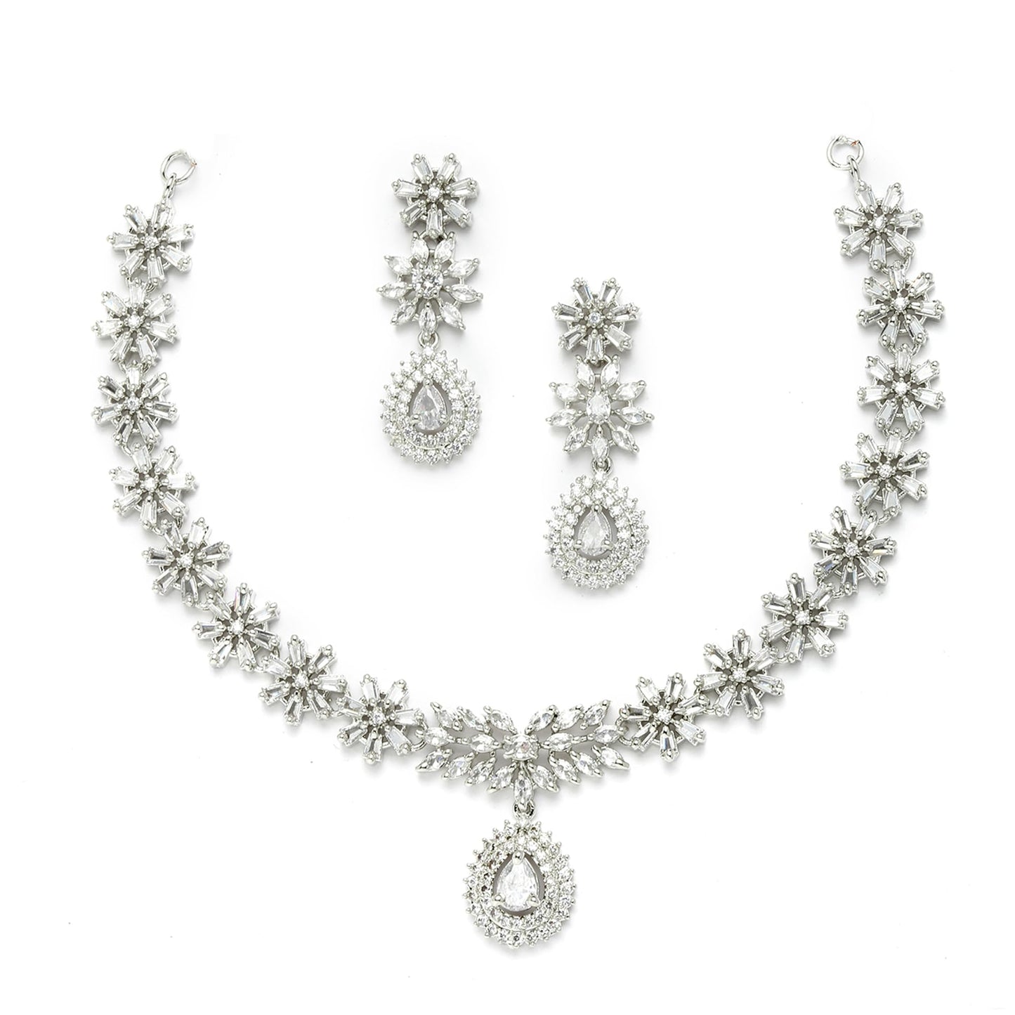 ZENEME Womens Rhodium-Plated with Silver-Toned Floral Design White American Diamond Studded Jewellery Set (White)