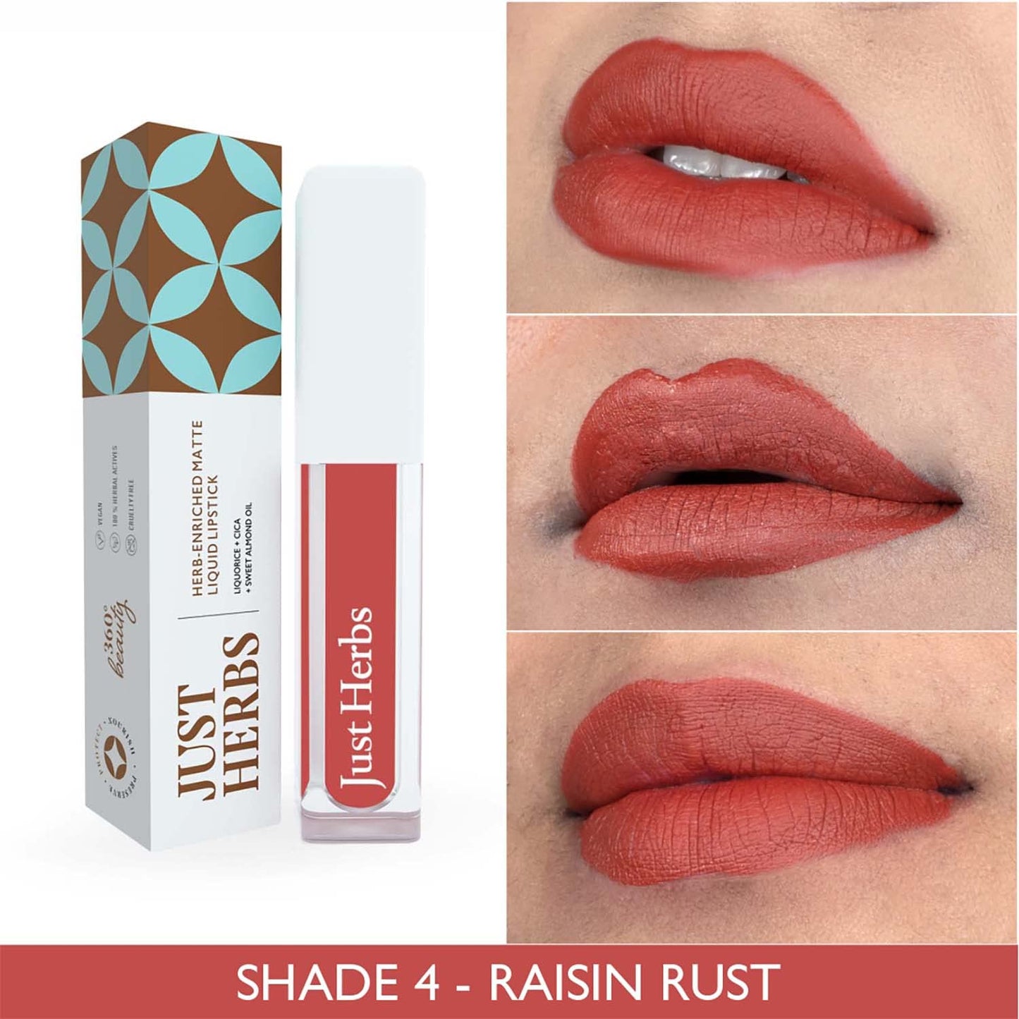 Just Herbs Ayurvedic Creamy Matte Long Lasting Liquid Lipstick, Lightweight & Hydrating Lip Colour with Liquorice & Sweet Almond Oil - Raisin Rust