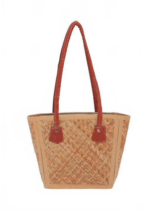 Exotic India Designer Bamboo Tote Hand-Woven Texture Eco-Conscious Summer Carryall and Versatile Casual Bag for Women's, Bruschetta, Medium