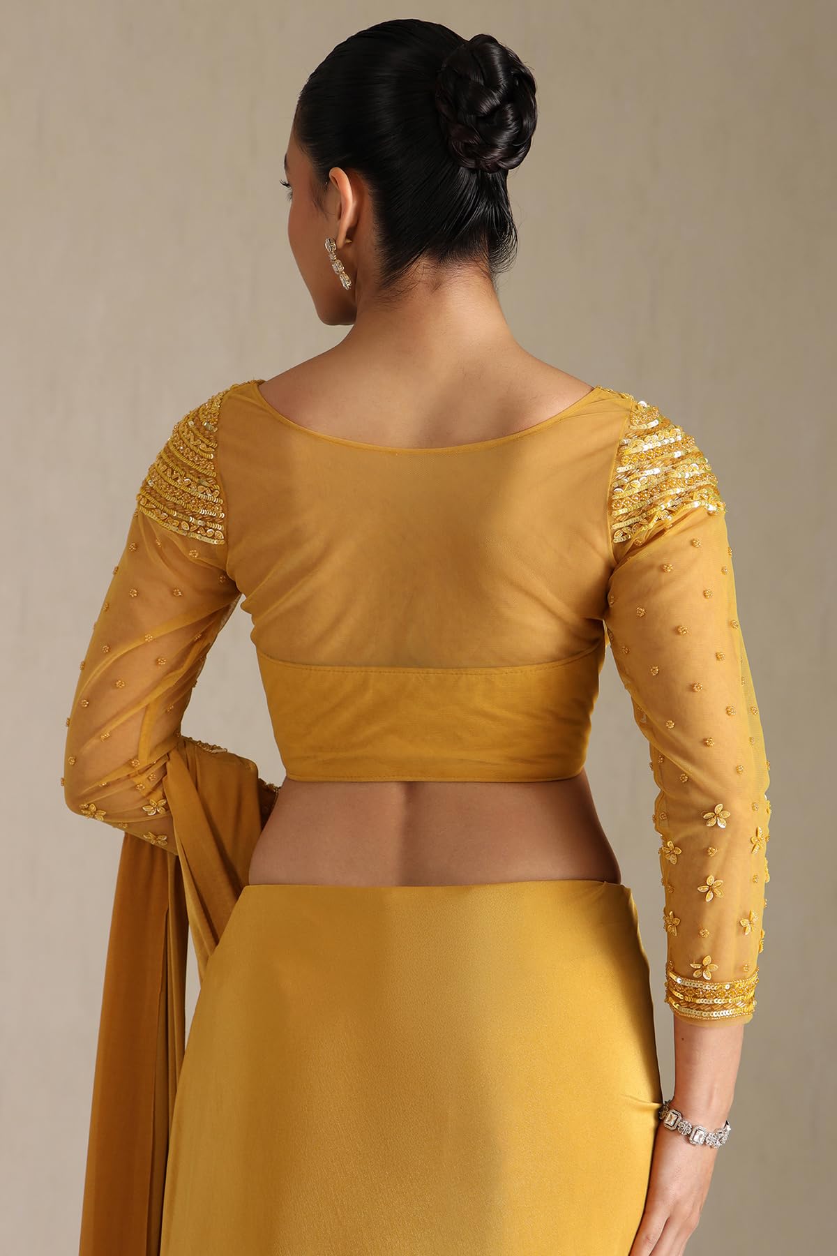 Soch Womens Mustard Nylon Blend Solid Ready To Wear Saree