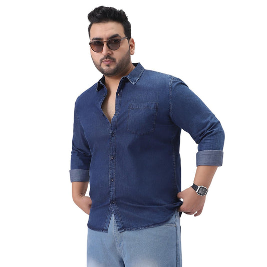 Urbano Plus Men's Dark Blue Regular Fit Full Sleeve Washed Denim Shirt (plusshirtdentowlp-02-dblue-4xl)