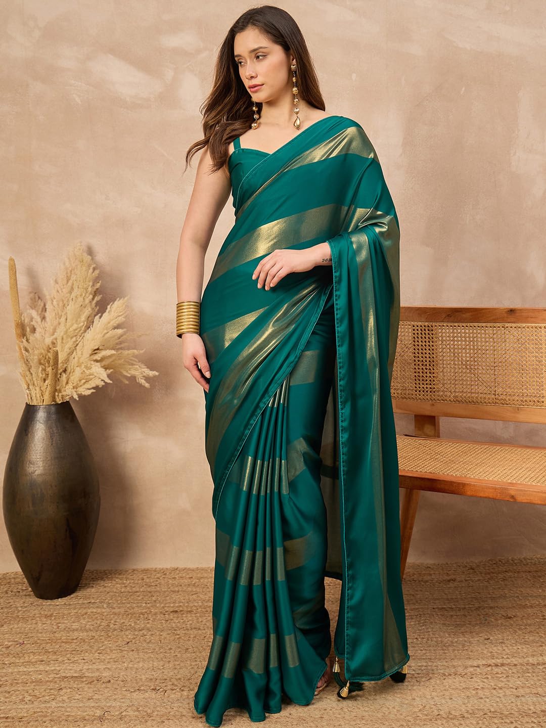 AKHILAM Women's Teal green Satin Foil Print Tassels and Latkans Saree With Unstitched Blouse Piece | saree for woman | Designer Saree for Women | Soft and Skin Friendly (RANI7103_RN)