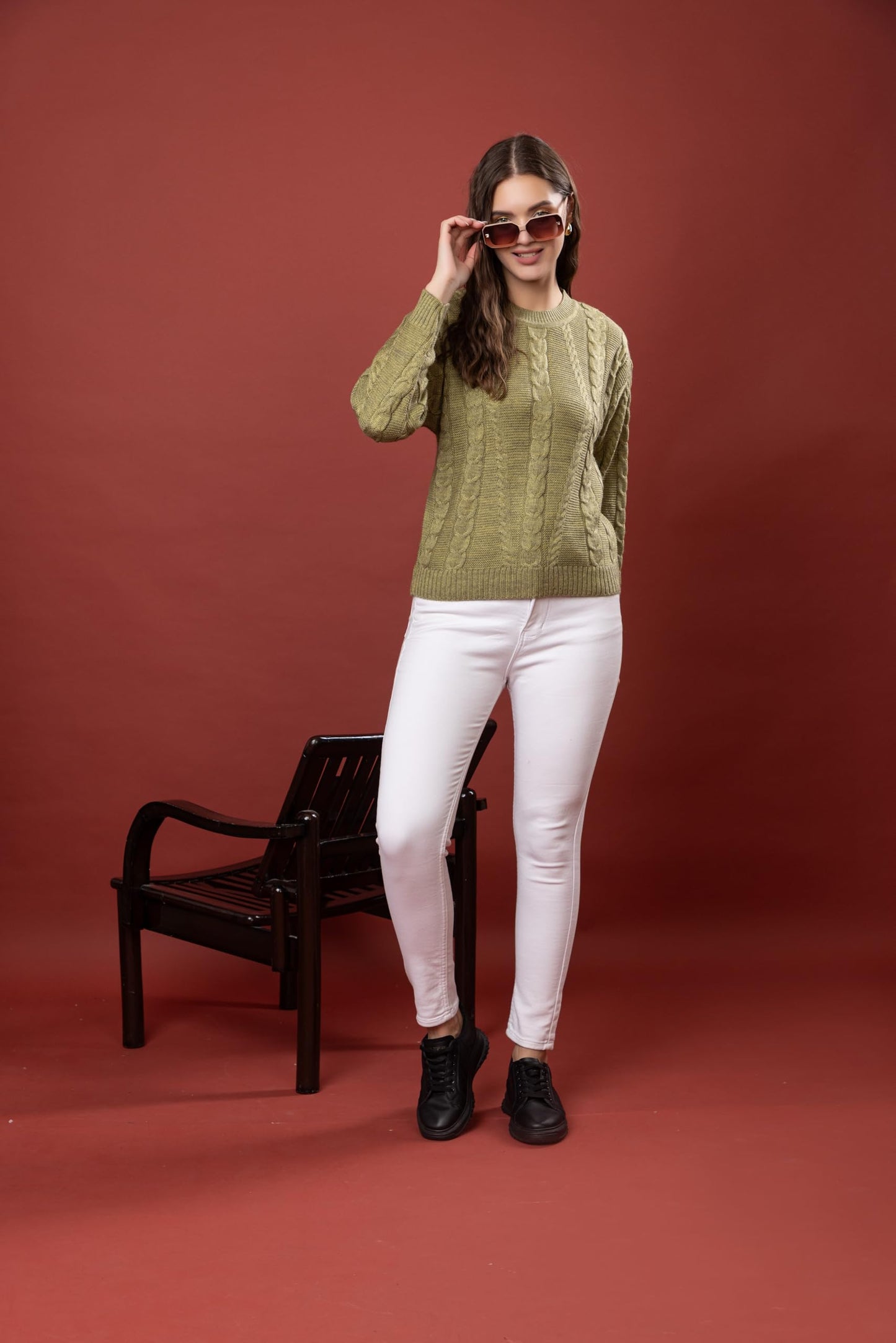 Style Dusk Women Sweater for Winter Woolen Full Sleeves Round Neck Cable Design Stylish Sweater for Winter Season (in, Alpha, 2XL, Olive)