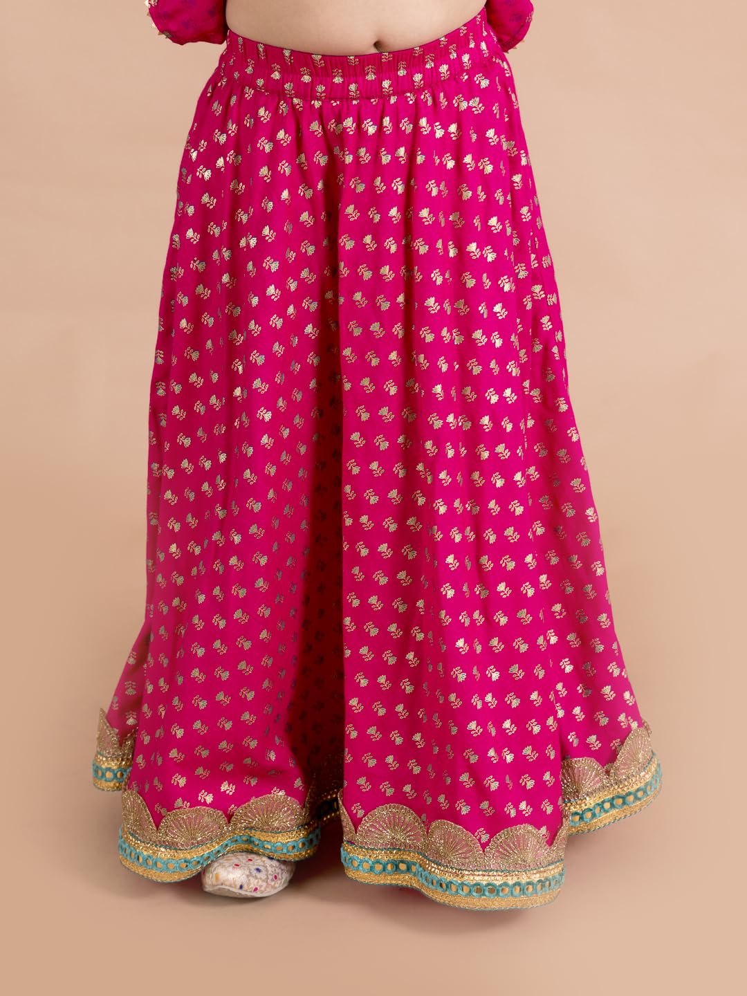Pspeaches Cotton Girls Magenta Blue Printed Ready To Wear Readymade Lehenga Set (Pink-10-12Y), 10 Years-12 Years